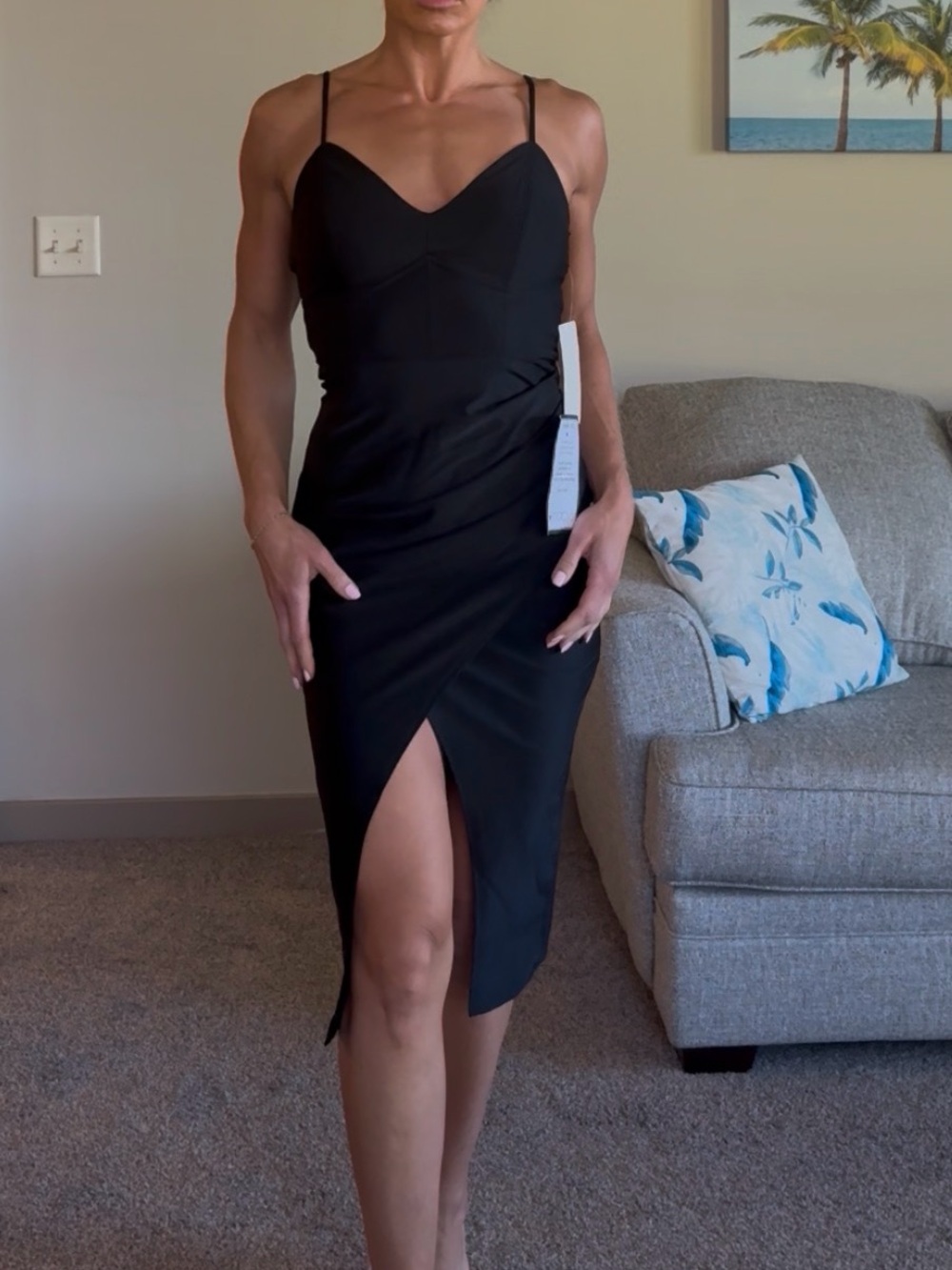 NWT Black Spaghetti-Strap Midi Dress with Front Slit
